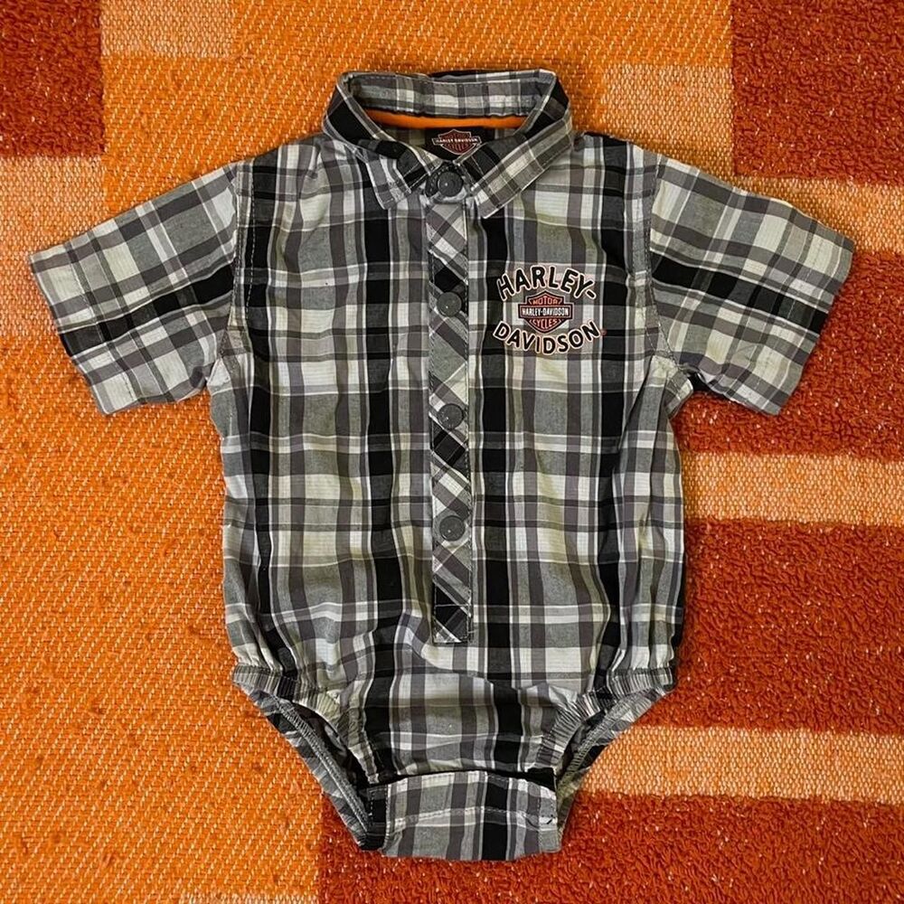 Harley Davidson Baby Onesie Plaid Button Up 6-9 Months